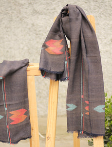 Tørklæde - Pashmina uld - Brunt m. orange/rød/mint mønster