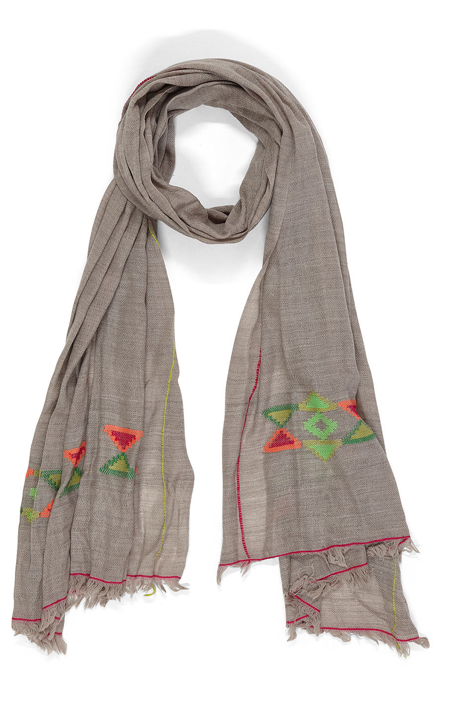 Tørklæde - Pashmina uld - Gråt med pink/grønt mønster