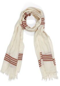 Tørklæde - Pashmina uld - Råhvidt med mørkerøde striber