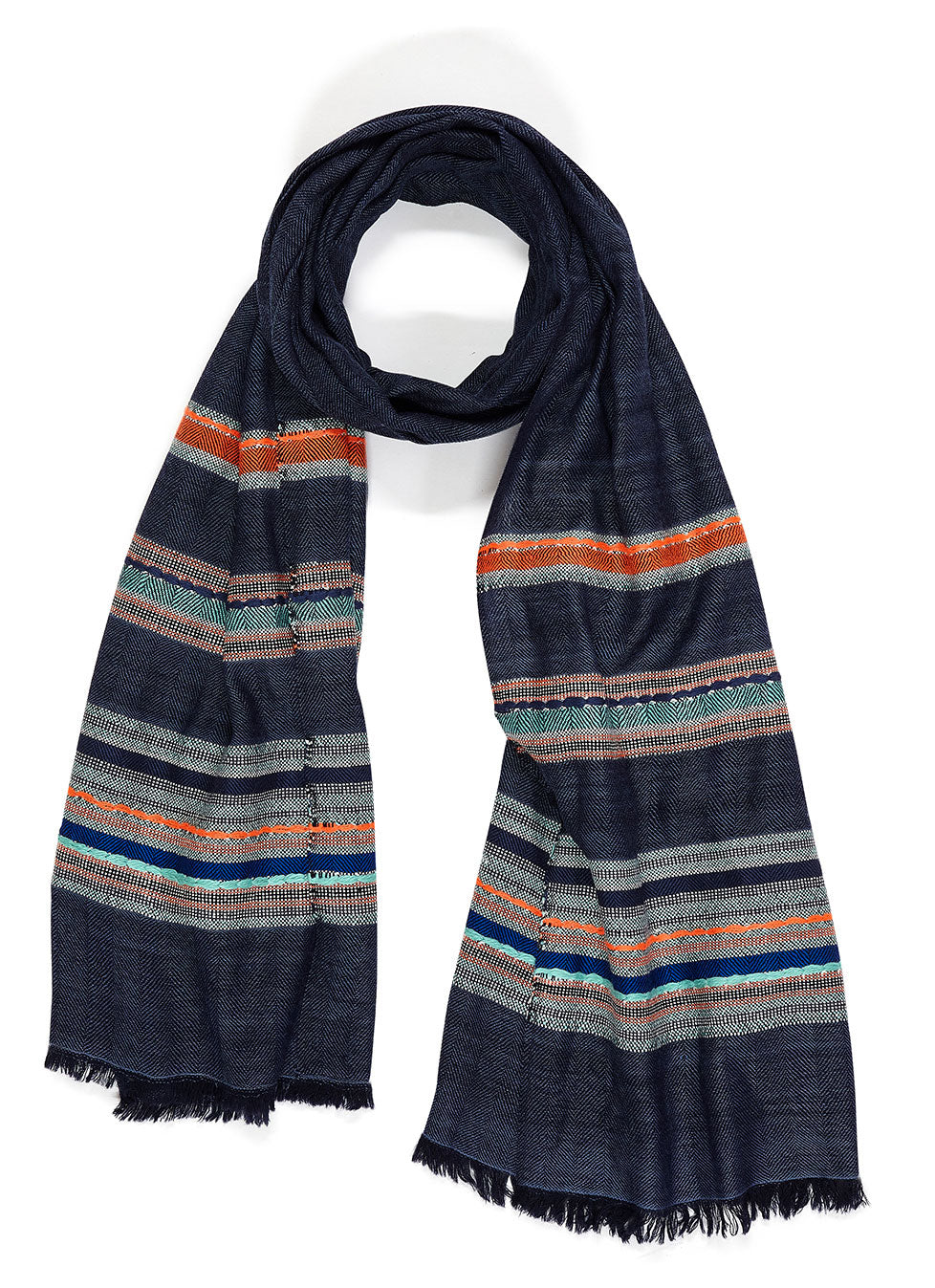 Tørklæde - Pashmina uld - Blåt med orange/lyseblå