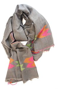 Tørklæde - Pashmina uld - Gråt med orange/pink/grøn